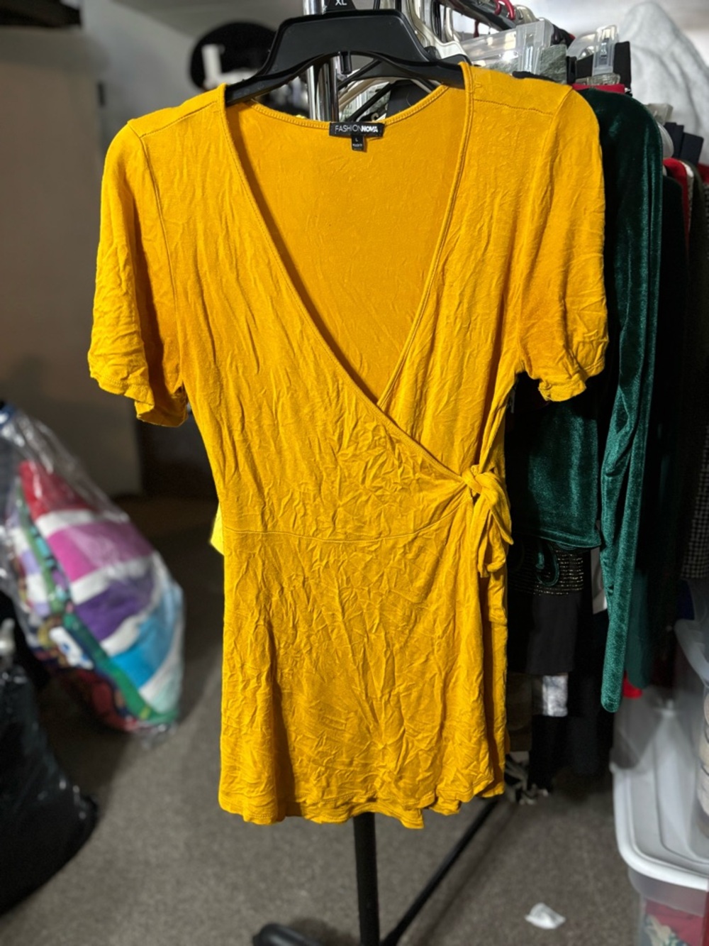 Fashion Nova Mustard Wrap Short Sleeve Jumpsuit Romper